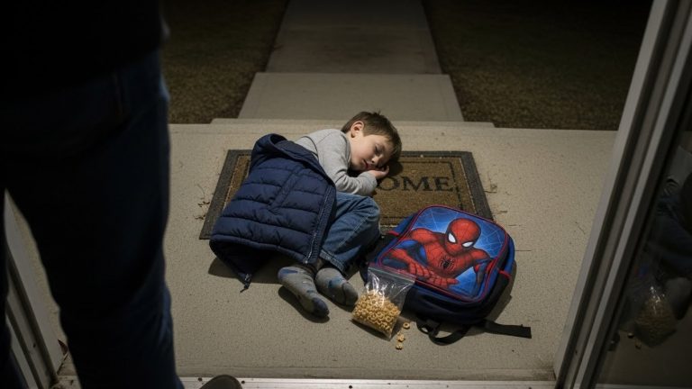 I Found My Seven-Year-Old Sleeping on His Father’s Doormat in the Freezing Cold. He Didn’t Cry When I Woke Him Up. He Just Whispered, “I Saved Some For Later,” and Handed Me a Bag of Crushed Cheerios.