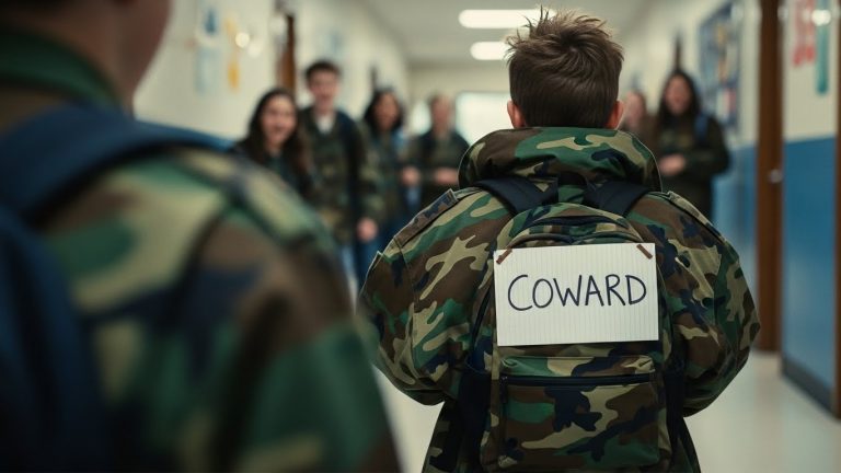 The “Coward” in the Camouflage Jacket: A School Bully Places a Sign on a Silent Boy’s Back, Then the Principal Reveals What’s Hidden Inside His Backpack
