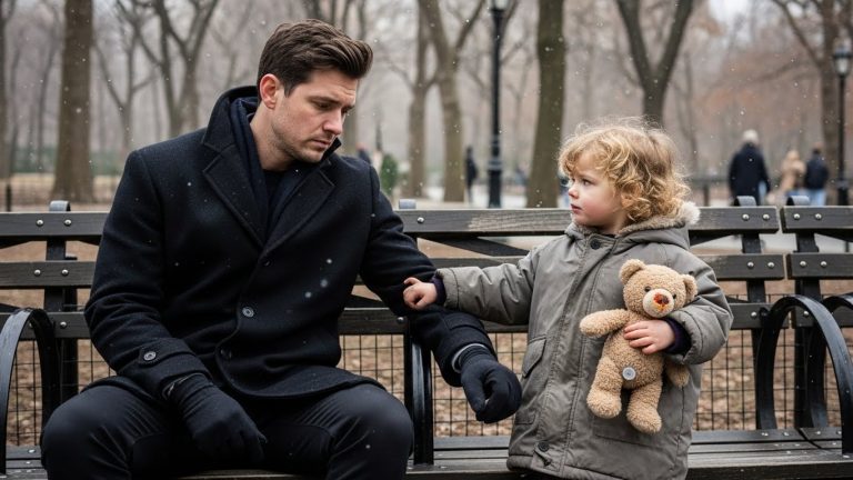 I sat on a Central Park bench in a $5,000 Italian wool coat, contemplating if anyone would notice if I simply vanished. Then, a dirty, three-year-old angel with a one-eyed bear tugged my sleeve and asked a question that shattered my entire world: “You don’t have a family either?”