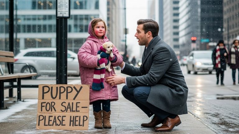 I Signed Her Termination Paper Without Blinking To Save The Company Money. Three Weeks Later, I Found Her 5-Year-Old Daughter Shivering On A Freezing Street Corner, Desperately Selling Her Beloved Puppy Just To Buy Medicine. I Bought The Dog To Help, But When I Saw The Logo On Her Coat, I Froze