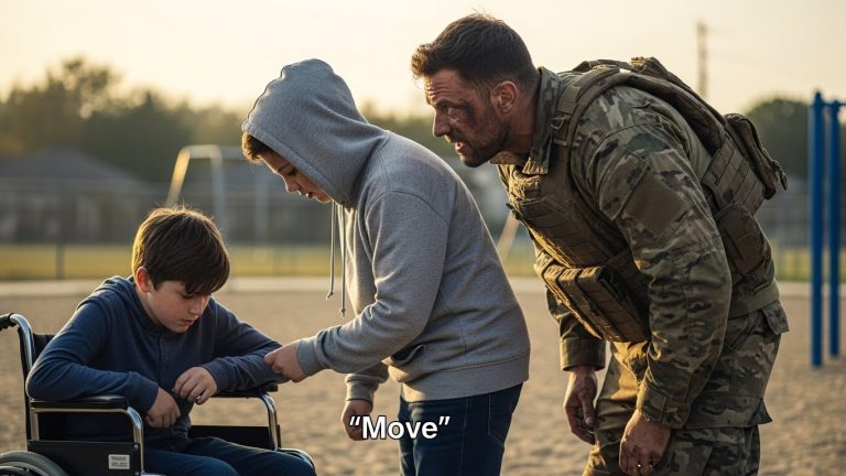 My Son Was Cornered In His Wheelchair By A Bully, Until A Stranger In Uniform Stepped Forward And Whispered A Single Command That Silenced The Whole School