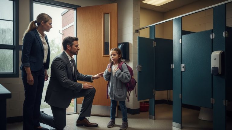 The Millionaire Noticed The Little Girl Trembling In The School Bathroom While Everyone Else Rushed Home. When He Saw The Purple Marks Hidden Under Her Sleeves, He Locked The Doors And Made A Phone Call That Would Shatter A Wealthy Family’s Darkest Secret.