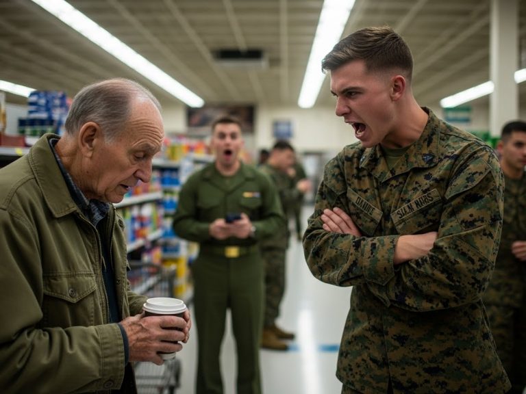 A Corporal Mocked An Old Man’s Trembling Hands In The Base Exchange—Then The Commander Walked In, Ignored The Marine, And Saluted The ‘Stranger’ First.