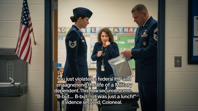 THEY MOCKED MY 8-YEAR-OLD, THREW HER LIFE-SAVING LUNCH IN THE TRASH, AND SAID SHE ‘DIDN’T NEED TO EAT’—THEN THE SCHOOL’S DOORS SWUNG OPEN. IT WASN’T JUST MOM WHO WALKED IN. IT WAS A U.S. AIR FORCE COLONEL WITH A FULL SECURITY DETAIL. WHAT THEY SAW NEXT CHANGED THEIR CAREERS FOREVER.