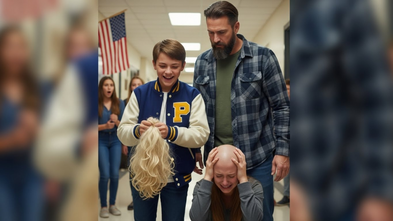 The Bully Thought It Was Funny to Rip My Sick Daughter’s Wig Off in the Middle of the Cafeteria. He Didn’t Realize Her Ex-Marine Father Was Standing Directly Behind Him, and What Happened Next Silenced the Whole School.
