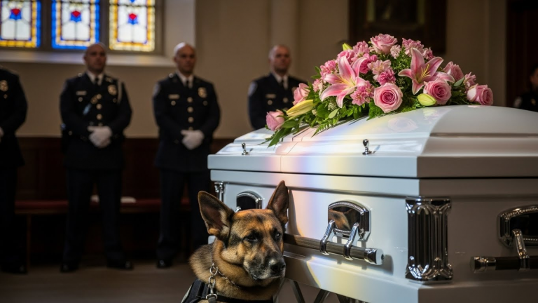 The Police Dog Refused to Leave the Little Girl’s Coffin, But When the Captain Burst In and Saw Who the Dog Was Staring At, The Entire Funeral Froze in Terror.
