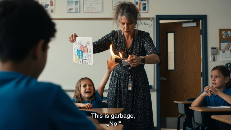 I Walked Into My Daughter’s Class to Surprise Her, But I Found the Teacher BURNING Her “Hero” Drawing—Then They Saw My Badge.