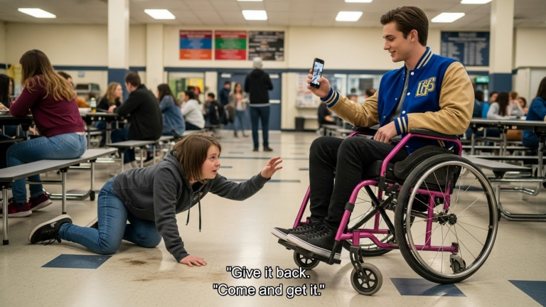 He Made Me Crawl Across The Cafeteria To Get My Wheelchair Back. He Didn’t Know My Dad Was Waiting Outside With 50 Bikers.