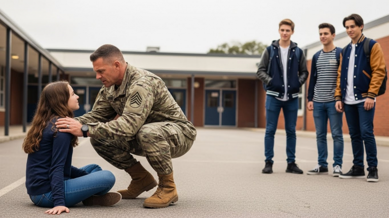 I Was Pushed Down on Crutches and They Filmed Me Crying: But the Bully’s Laughter Instantly Died When My Dad—a Decorated Army Ranger—Walked Onto the School Field in Full Uniform. You Won’t Believe What He Said Next.