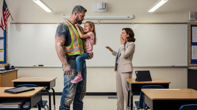 They Thought They Could Break My Little Girl Because Her Dad Looked Like “Trash”—But When I Kicked Open That Classroom Door Covered in Concrete Dust, The Teacher’s Smug Smile Vanished Into Pure Terror.