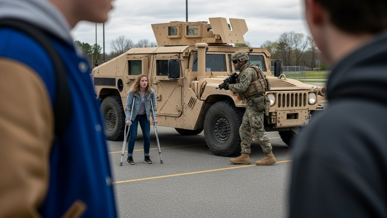 HE MOCKED MY DAUGHTER’S CRUTCHES, THINKING HE WAS THE KING OF THE SCHOOL. HE DIDN’T SEE THE TWELVE ANGRY SOLDIERS STANDING RIGHT BEHIND ME.