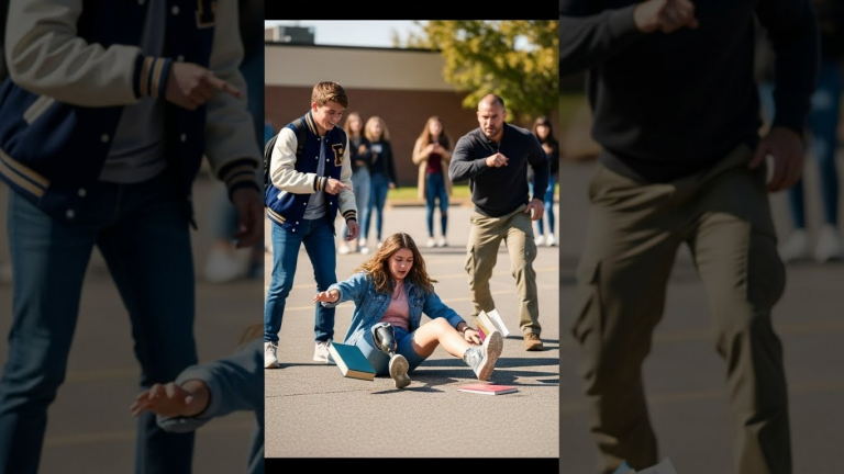 He mocked her disability and kicked her prosthetic leg right in the school parking lot, laughing while she cried in the dirt. He didn’t realize the man watching from the shadow of the oak tree wasn’t just a bystander—he was her father, a Marine Sergeant who had just stepped off the plane from an 18-month deployment, and he was about to teach this bully a lesson about strength that no amount of money could buy.