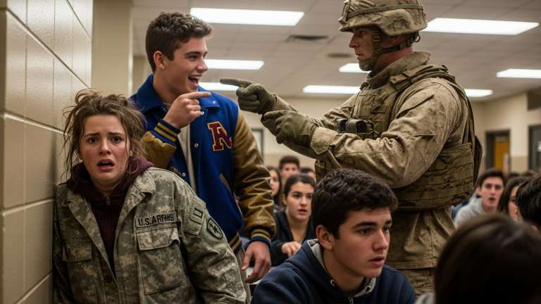 The High School Bully Mocked The Orphan Girl For Wearing A ‘Dirty’ Army Jacket And Forced Her To Beg For Mercy — But He Didn’t Realize Her Father’s Platoon Sergeant Had Just Walked Through The Door Behind Him.