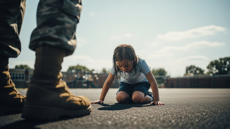 I Came Home From An 11-Month Deployment To Surprise My Daughter, Only To Find Her Forced To Kneel On 98-Degree Asphalt While Her Teacher Drank Iced Coffee. They Didn’t Know Her Father Was An MP. When I Hopped That Fence, The Schoolyard Went Dead Silent.
