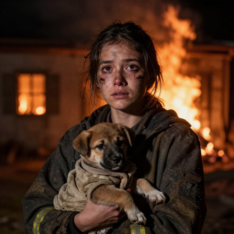 EVERYONE FLED THE RAGING FIRE, BUT I COULDN’T LEAVE HER PUPPY TO BURN! SMASHING THE GLASS, IGNORING THE PAIN, I PULLED HIM FROM THE ASHES. OUR HOME WAS GONE, BUT THAT TINY LIFE… THAT WAS EVERYTHING.