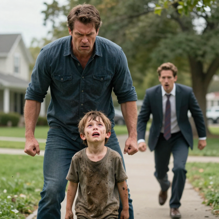 HE SHOVED MY SON INTO THE MUD, SCREAMING HE WASN’T HIS! MY BOY’S HEART SHATTERED, BUT LITTLE DID HE KNOW, HIS REAL DAD WAS ABOUT TO ARRIVE AND TEACH THAT MONSTER WHAT FATHERHOOD TRULY MEANS!