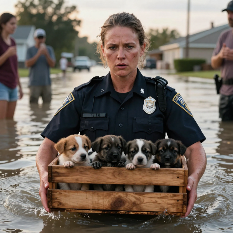 A HERO IN THE FLOOD: WATCH HOW A BRAVE FEMALE OFFICER RISKS IT ALL TO RESCUE SIX HELPLESS PUPPIES FROM THE RAVAGING WATERS BENEATH THE SHADOW OF A DARK, IMPOSING BRIDGE – THEIR LIVES HANGING BY A THREAD!