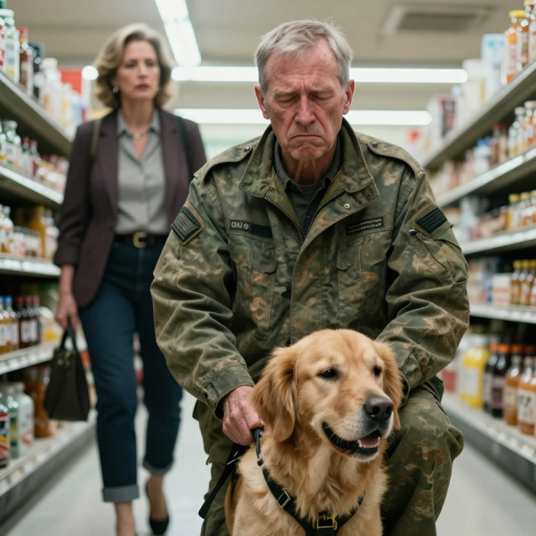 SHE TRIED TO KICK MY SERVICE DOG! Blind veteran humiliated in grocery store as wealthy woman screams, ‘Get that filthy animal out!’ Then, OFF-DUTY FIREFIGHTERS arrive and teach her a lesson she’ll NEVER forget as the manager BANS her FOR LIFE!