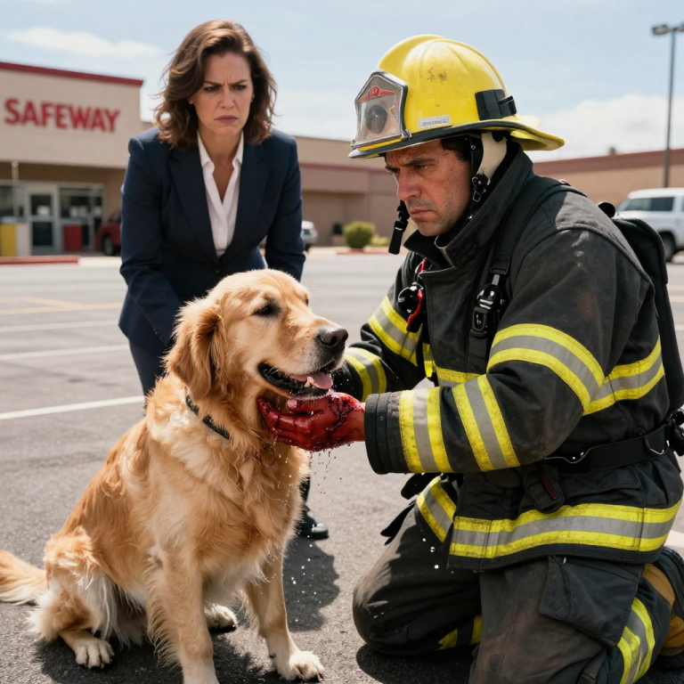 OWNER RETURNS TO FIND HER DOG RESCUED FROM A LOCKED CAR, SCREAMS, ‘YOU HAD NO RIGHT TO BREAK MY WINDOW!’ BUT THE FIREFIGHTER’S RESPONSE SILENCES EVERYONE AS THE TOWN MAYOR STEPS FORWARD.