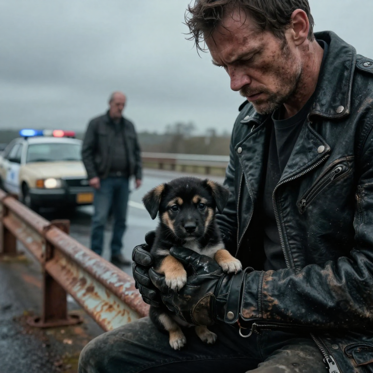 I SAW THE BURLAP SACK IN HIS HANDS BEFORE I SAW HIS FACE, BUT WHEN I HEARD THE FAINT, HIGH-PITCHED CRYING OVER THE ROAR OF MY ENGINE, I DIDN’T THINK—I JUST SWERVED. He was trying to throw them into the river like trash, four living souls who hadn’t even opened their eyes yet, and when I ripped that bag from his grip, he had the nerve to tell me he was ‘showing them mercy’ because he couldn’t afford to feed them. I made him stand there on the freezing asphalt, his keys in my pocket and my bike blocking his escape, until the sirens wailed, because some sins you don’t get to drive away from.