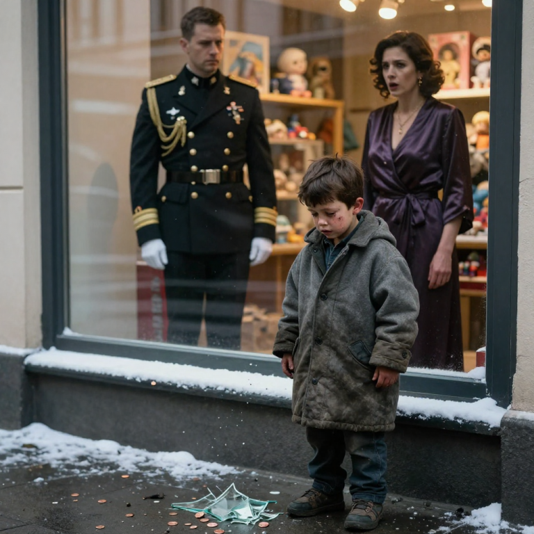 SHE KICKED THE JAR OF PENNIES FROM MY FROZEN HANDS AND LAUGHED WHILE FILMING MY TEARS, TELLING HER FOLLOWERS I WAS ‘LOWERING THE PROPERTY VALUE’ OF HER BOUTIQUE—UNTIL THE STREET WENT SILENT, A CONVOY OF BLACK SUVS BLOCKED THE INTERSECTION, AND A FOUR-STAR GENERAL KNELT IN THE SLUSH TO TELL HER EXACTLY WHOSE SON SHE HAD JUST HUMILIATED.