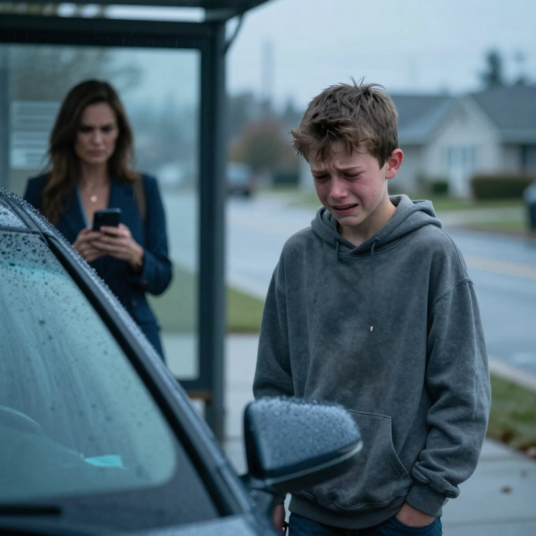 I STOOD SHIVERING AT THE BUS STOP WITH NOTHING BUT A LOST TICKET AND TEARS IN MY EYES AS A WEALTHY WOMAN FILMED MY MISERY FOR HER FOLLOWERS, LAUGHING AT MY POVERTY, ONLY TO WATCH HER SMUG SMILE VANISH WHEN AN ENTIRE FIRE BRIGADE ARRIVED TO SALUTE THE ‘PATHETIC’ BOY SHE WAS MOCKING.