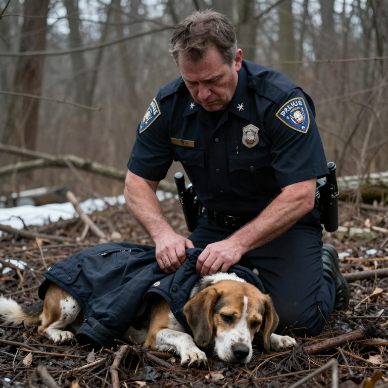 I CALLED THE POLICE FOR A NOISE COMPLAINT, BUT WHEN OFFICER MILLER SAW THE SKELETON OF A BEAGLE TIED TO THE OAK TREE, HE DIDN’T WRITE A REPORT—HE FELL TO HIS KNEES IN THE FREEZING MUD AND WRAPPED HIS OWN JACKET AROUND HER SHIVERING BODY, WHISPERING AN APOLOGY ON BEHALF OF THE HUMAN RACE.