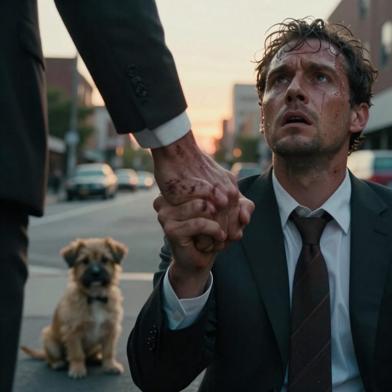 HE HELD THE WHIMPERING PUPPY OVER THE ASPHALT AS IF IT WERE TRASH, READY TO END A LIFE BECAUSE OF A STAIN ON HIS RUG, BUT HE DIDN’T NOTICE THE SHADOW CLOSING THE DISTANCE BEHIND HIM. I DIDN’T SHOUT, I DIDN’T RUN, I JUST LOCKED MY HAND AROUND HIS WRIST WITH A PRESSURE THAT PROMISED BONES WOULD BREAK BEFORE THAT DOG HIT THE GROUND, AND WHEN HE LOOKED INTO MY EYES, HE SAW A VIOLENCE FAR WORSE THAN HIS OWN.