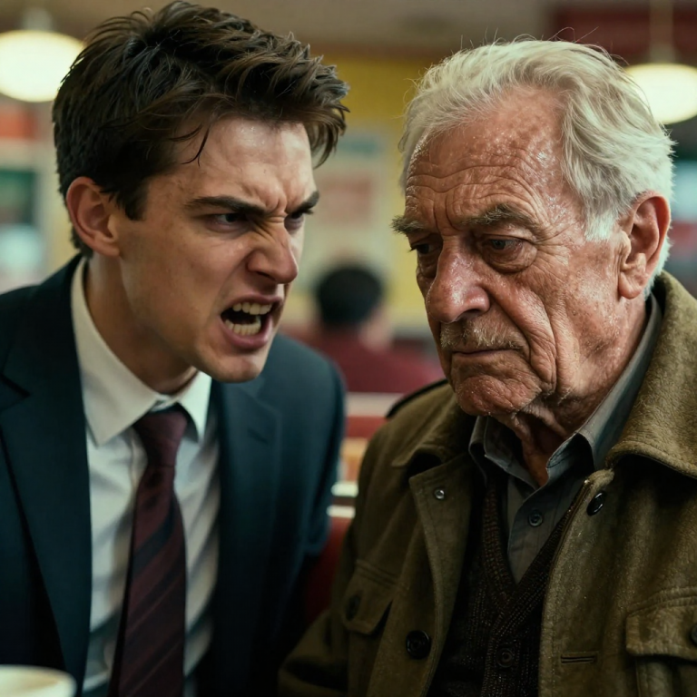 I KICKED THE CHAIR ASIDE AND TOWERED OVER THE OLD MAN, MOCKING HIS SHAKING HANDS AND HIS TATTERED COAT, FEELING LIKE THE KING OF THE WORLD AS I SCREAMED INSULTS THAT SILENCED THE ENTIRE RESTAURANT. I thought I was teaching a lesson to a nobody, until the front door swung open and my father walked in, his face turning the color of ash as he realized the ‘nobody’ I was tormenting was the man who held the deed to our home and the fate of our family in his quiet, trembling palm.
