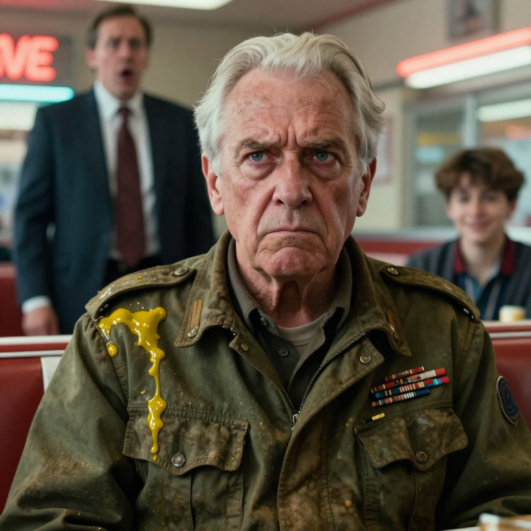 I SAT FROZEN AS THE HOT GREASE SOAKED INTO THE RIBBONS ON MY CHEST, LISTENING TO THEIR CRUEL LAUGHTER FILL THE DINER, UNAWARE THAT THE MAN THEY FEARED MOST WAS STANDING RIGHT BEHIND THEM. THEY THOUGHT I WAS JUST A SENILE VETERAN RUINING THE AESTHETIC OF THEIR LUNCH, BUT WHEN THEIR FATHER DROPPED HIS CAR KEYS IN SHEER TERROR, THEY REALIZED TOO LATE THAT THE ‘DIRTY OLD MAN’ THEY JUST HUMILIATED HELD THE FATE OF THEIR ENTIRE EMPIRE IN HIS STAINED HANDS.