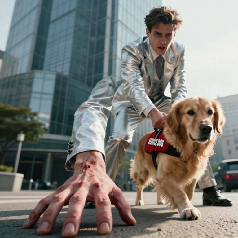 “ANIMALS AREN’T ALLOWED HERE,” HE SNEERED, SNATCHING MY SERVICE DOG’S LEASH WHILE I STRUGGLED TO STAND, NOT KNOWING I WAS THE CHAIRMAN UNTIL HIS OWN FATHER DROPPED TO HIS KNEES IN THE STREET TO BEG FOR FORGIVENESS.