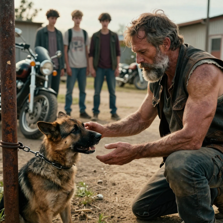 THEY LAUGHED AS THEY JABBED THE SHARP STICK INTO THE STARVING DOG’S RIBS, MOCKING HIS DESPERATE WHIMPERS WHILE I STOOD BEHIND MY CURTAIN, TOO OLD AND TOO AFRAID TO STOP THEM. MY SHAME CONSUMED ME UNTIL THE GROUND BEGAN TO SHAKE WITH A ROAR LIKE THUNDER, AND TWENTY LEATHER-CLAD BIKERS KILLED THEIR ENGINES TO TEACH THE BULLIES A LESSON ABOUT TRUE POWER.