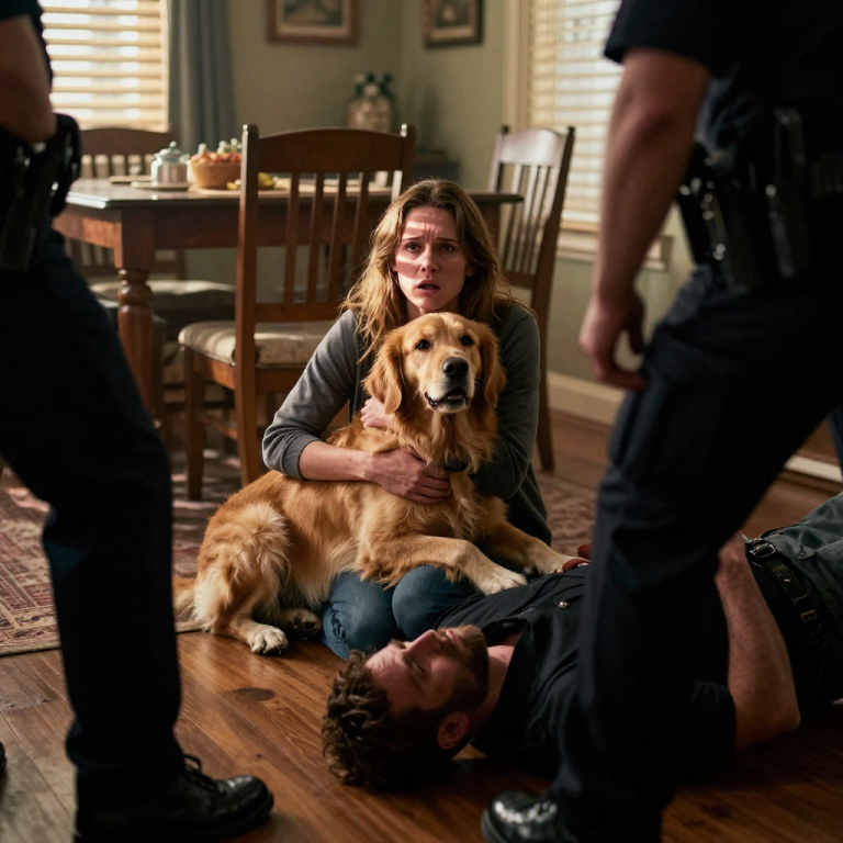 I SAT FROZEN AT THE DINNER TABLE AS HE SCREAMED THAT I WAS WORTHLESS, BUT WHEN HE THREW HIS CHAIR ASIDE AND CORNERED MY TERRIFIED DOG AGAINST THE WALL, SOMETHING IN ME DIED. HE RAISED HIS HAND TO STRIKE THE ONLY LIVING THING THAT LOVED ME, NEVER HEARING THE FRONT DOOR BURST OPEN UNTIL A MASSIVE OFFICER SLAMMED HIM TO THE FLOOR, SHOWING HIM EXACTLY WHAT IT FELT LIKE TO BE POWERLESS.