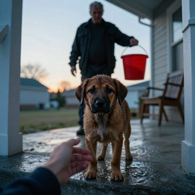 HE DUMPED A BUCKET OF ICE WATER ON A TERRIFIED STRAY PUPPY BECAUSE IT WAS “DIRTYING HIS PORCH,” BUT HE FROZE WHEN HE SAW MY CAMERA LENS POINTED RIGHT AT HIS FACE.