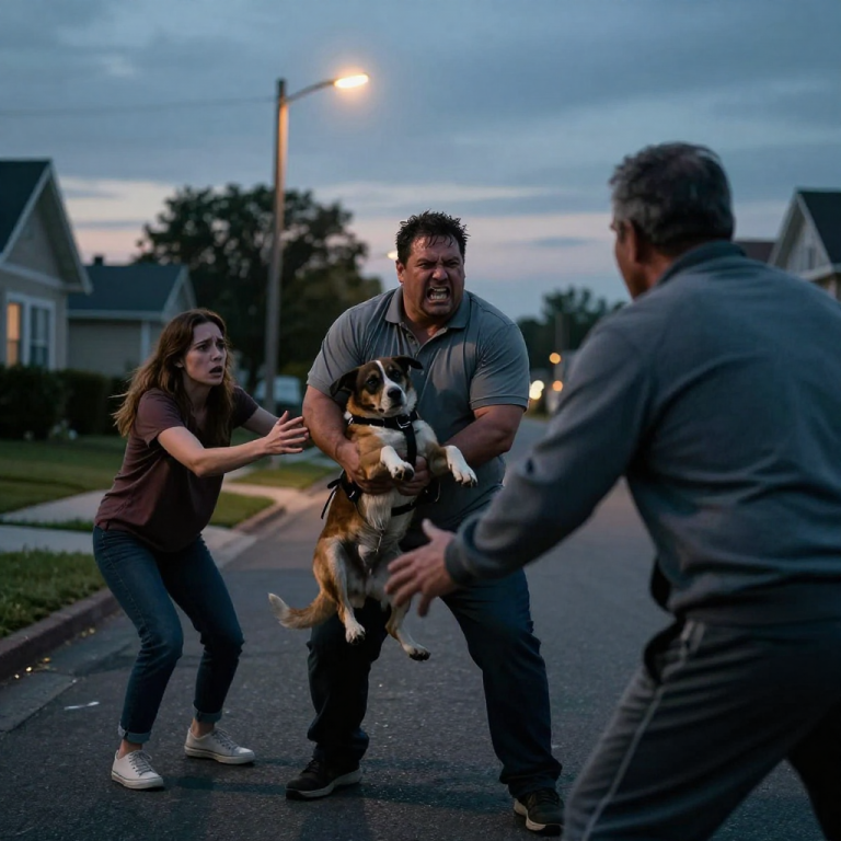 HE LIFTED MY TERRIFIED DOG INTO THE AIR BY THE THROAT OVER A PATCH OF GRASS, SCREAMING INTO HIS FACE WHILE I STOOD FROZEN IN HELPLESSNESS, UNTIL A SCARRED HAND GRIPPED HIS SHOULDER AND A WHISPER STOPPED THE WORLD.