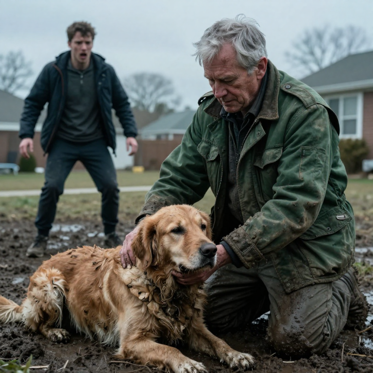 HE LAUGHED WHILE KICKING THE SHIVERING DOG INTO THE FREEZING MUD, BUT WHEN HE RAISED HIS BOOT AGAIN, HE DIDN’T SEE THE SHADOW LOOMING BEHIND HIM. The silence that followed was heavier than any scream, as a man who had seen true war stepped in to teach a coward the terrifying difference between power and cruelty.