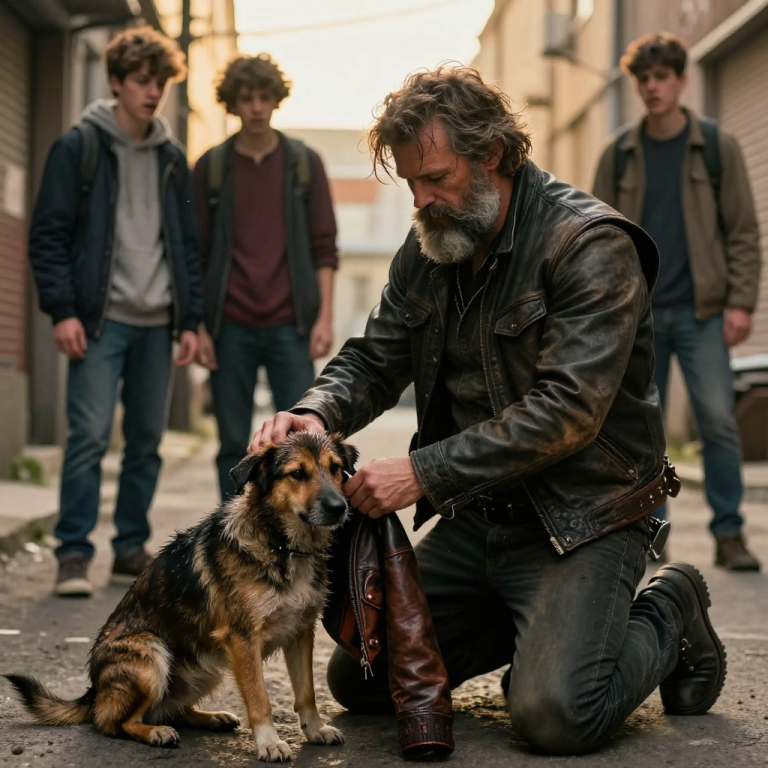THEY LAUGHED AS THE ICE WATER HIT HIS MATTED FUR, BUT THEIR SMIRKS VANISHED WHEN THE ALLEY FILLED WITH THE ROAR OF FIFTY HARLEYS AND A LEADER WHO DIDN’T NEED TO RAISE HIS VOICE TO TEACH THEM FEAR.