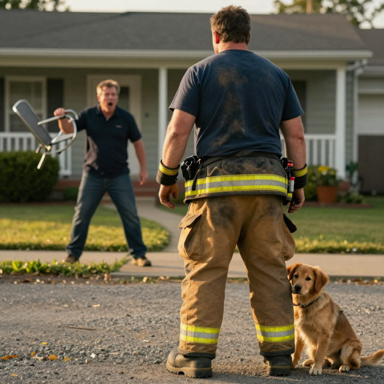 THE OWNER LAUGHED AS HE KICKED HIS TERRIFIED DOG INTO THE GRAVEL AND HURLED A METAL CHAIR AT ITS RIBS, THINKING HIS FENCE MADE HIM GOD OF HIS DOMAIN. HE DIDN’T NOTICE THE FIREFIGHTER STANDING IN THE SHADOWS, STILL WEARING THE SOOT-STAINED GEAR FROM A 24-HOUR SHIFT, WATCHING EVERY CRUEL MOTION UNTIL THE SNAP OF PATIENCE BROKE THE SILENCE.