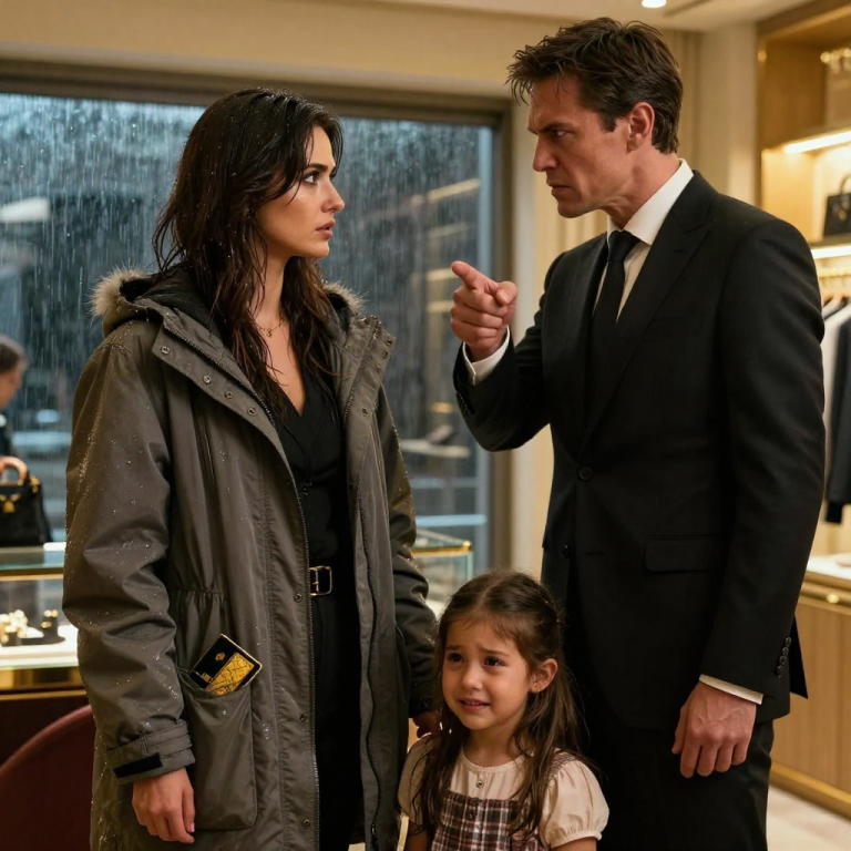“GET YOUR FILTHY HANDS OFF THE MERCHANDISE,” HE SPAT, GRABBING MY SEVEN-YEAR-OLD DAUGHTER’S ARM AS IF SHE WERE A CRIMINAL, CONVINCED MY WORN RAINCOAT MEANT WE WERE TRASH. HE WAS ALREADY DIALING THE POLICE WHEN I CALLED HIS BLUFF AND SLAMMED MY GOLD-EMBOSSED ID ON THE GLASS COUNTER—THE ONE THAT PROVED I WASN’T JUST A CUSTOMER, BUT THE GLOBAL DIRECTOR SENT TO DECIDE HIS FUTURE.