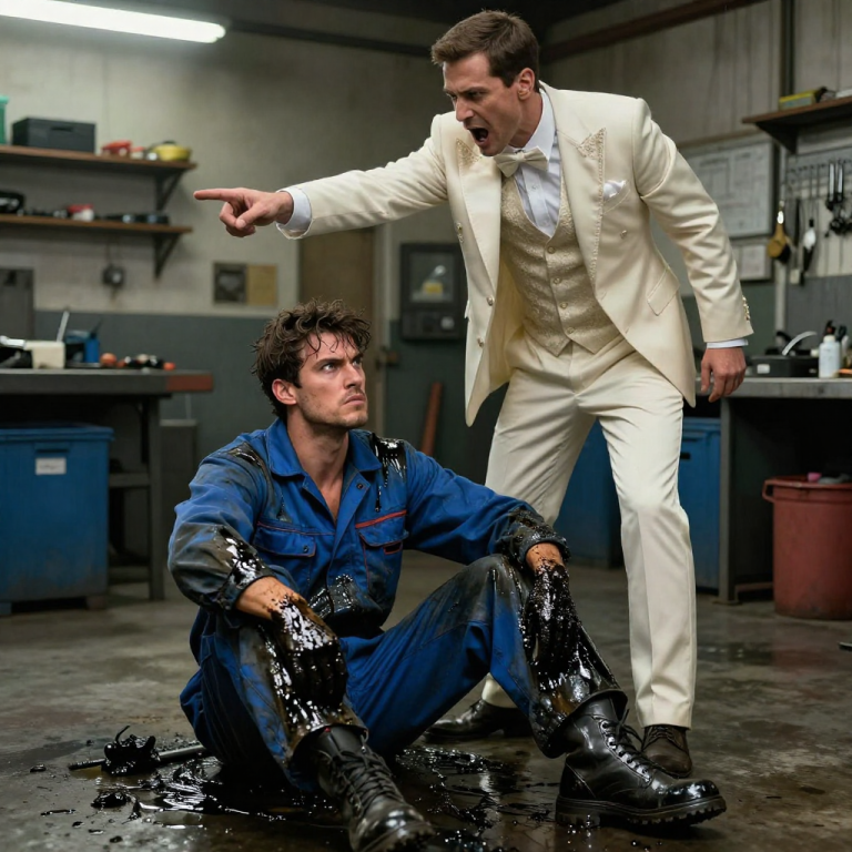 “GET YOUR FILTHY HANDS OFF MY CAR!” HE SCREAMED, SHOVING ME INTO A POOL OF BLACK OIL WHILE HIS GROOMSMEN LAUGHED. I WIPED THE GREASE FROM MY FACE AND WATCHED HIM DRIVE AWAY TO MARRY MY SISTER, CLUTCHING THE KEYS TO THE LIFE HE THOUGHT HE SECURED, UNAWARE THAT THE “DIRTY MECHANIC” HE JUST HUMILIATED WAS HOLDING THE ONE DOCUMENT THAT WOULD TURN HIS WEDDING DAY INTO A BANKRUPTCY HEARING.