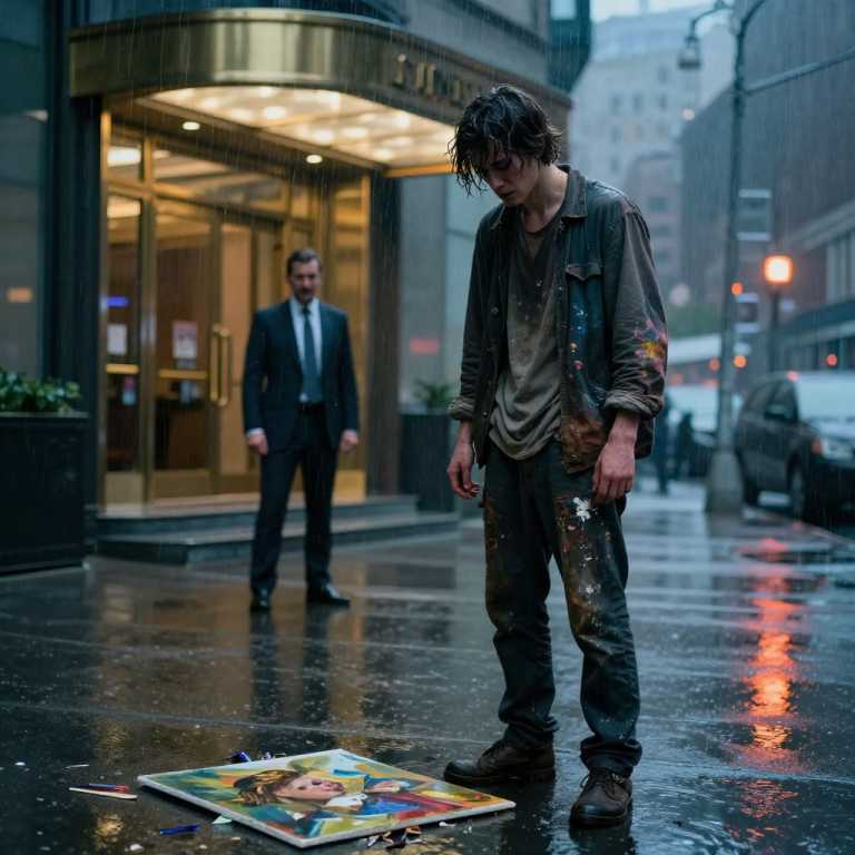 HE THREW MY ART INTO THE GUTTER AND CALLED ME A STAIN ON HIS LUXURY BUILDING, UNAWARE THAT I SIGNED HIS PAYCHECKS. I STOOD SILENTLY IN THE FREEZING RAIN AS HE DESTROYED MONTHS OF WORK, BUT THE LOOK OF DISGUST ON HIS FACE VANISHED THE MOMENT THE MAYOR’S LIMOUSINE PULLED UP TO THE CURB AND THE CITY’S LEADER STEPPED OUT TO HUG THE ‘HOMELESS’ MAN HE WAS TRYING TO EVICT.