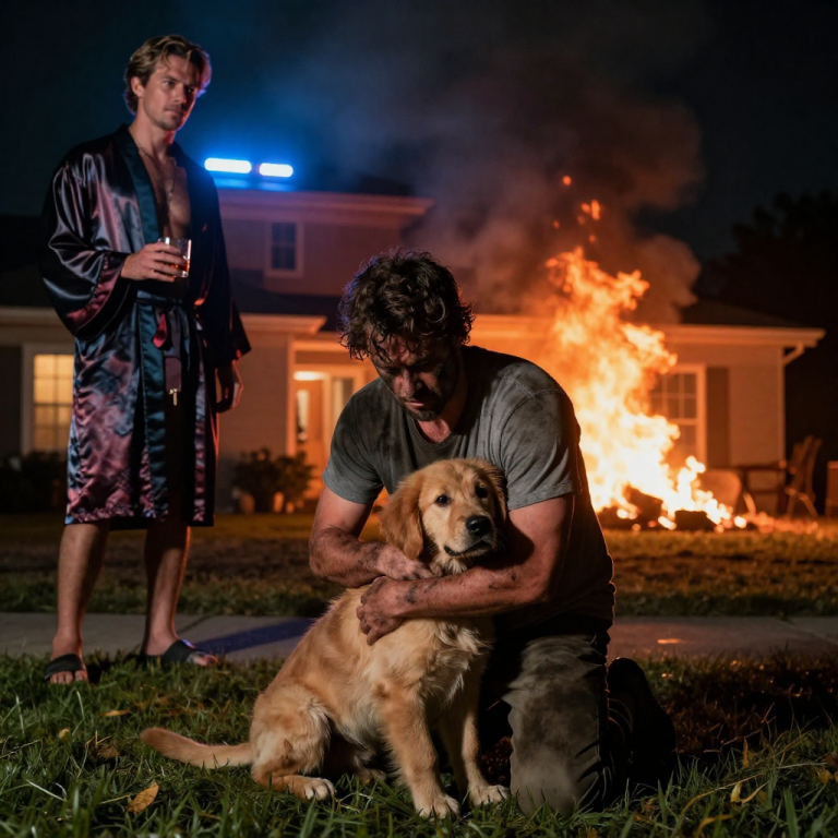 THE ROOF WAS COLLAPSING IN A ROAR OF ORANGE FLAMES, YET HE STOOD THERE LAUGHING WHILE HIS GOLDEN RETRIEVER WHIMPERED IN A LOCKED CAGE. I DIDN’T THINK TWICE—I SHOVED HIM ASIDE, LUNGED THROUGH THE SUFFOCATING BLACK SMOKE, AND FELT THE PUPPY’S TINY HEART RACING AGAINST MY CHEST. YOU WON’T BELIEVE THE HEARTLESS EXCUSE HE GAVE ONCE WE WERE SAFE.