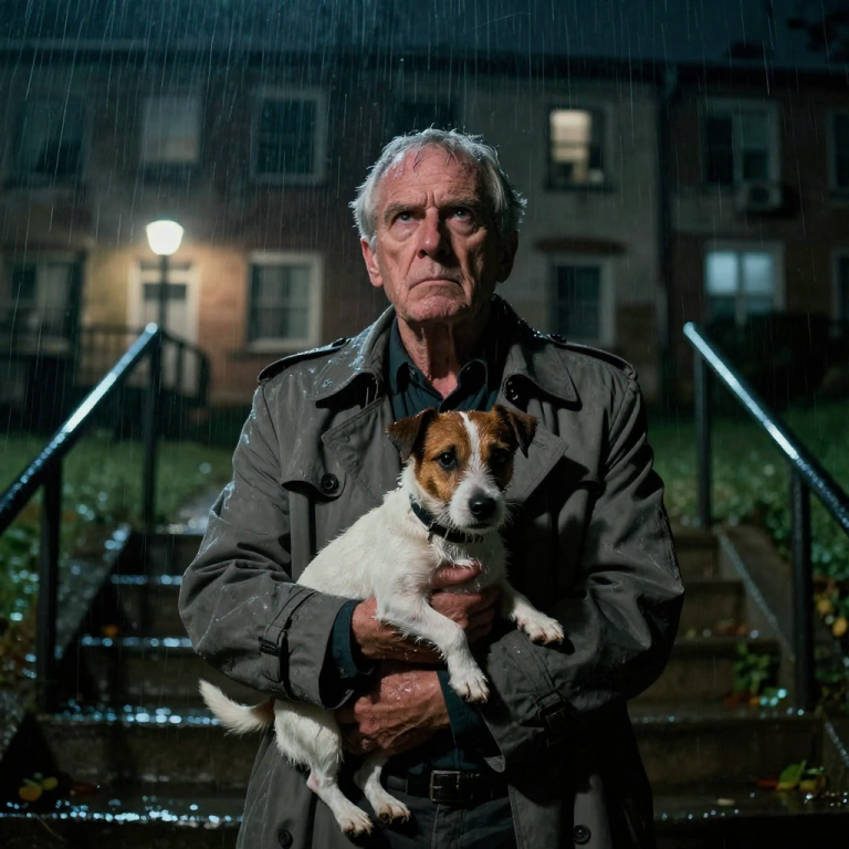 HE LAUGHED AS HE THREW MY DOG DOWN THE CONCRETE STAIRS IN THE POURING RAIN, SLAMMING THE DOOR ON MY SCREAMS WITHOUT KNOWING WHO WAS WATCHING FROM THE SHADOWS BELOW. I thought I had lost everything in that freezing downpour until I saw my elderly neighbor, a man I thought was just a quiet retiree, catch my terrified puppy in his trembling arms and look up at the balcony with the cold, dead eyes of a detective who had just found his next target.