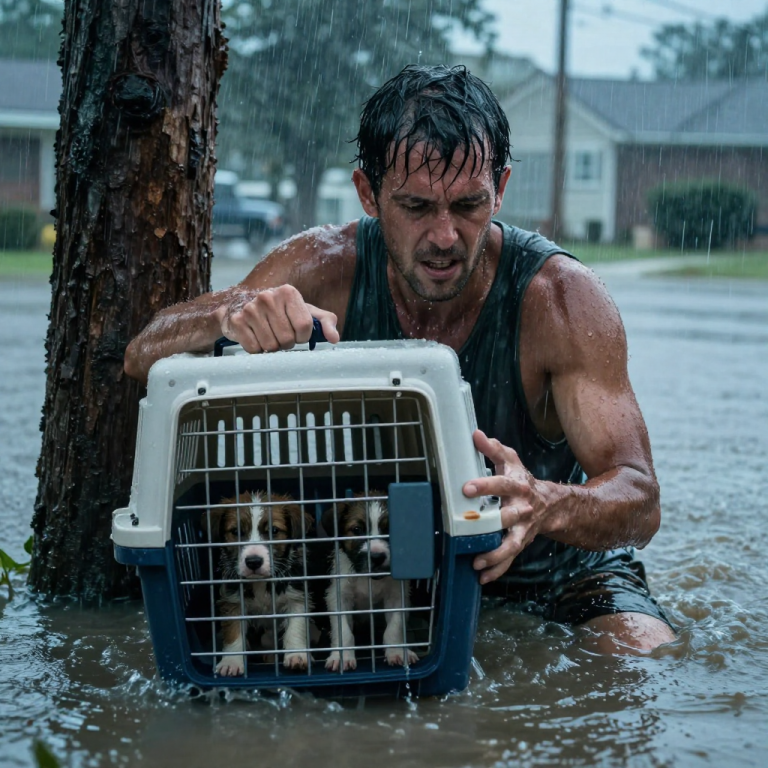HE PUSHED A CRATE OF PUPPIES INTO THE RAGING FLOOD TO SAVE HIS EQUIPMENT, SO I DOVE INTO THE FREEZING BLACK WATER TO SAVE WHAT HE DISCARDED.