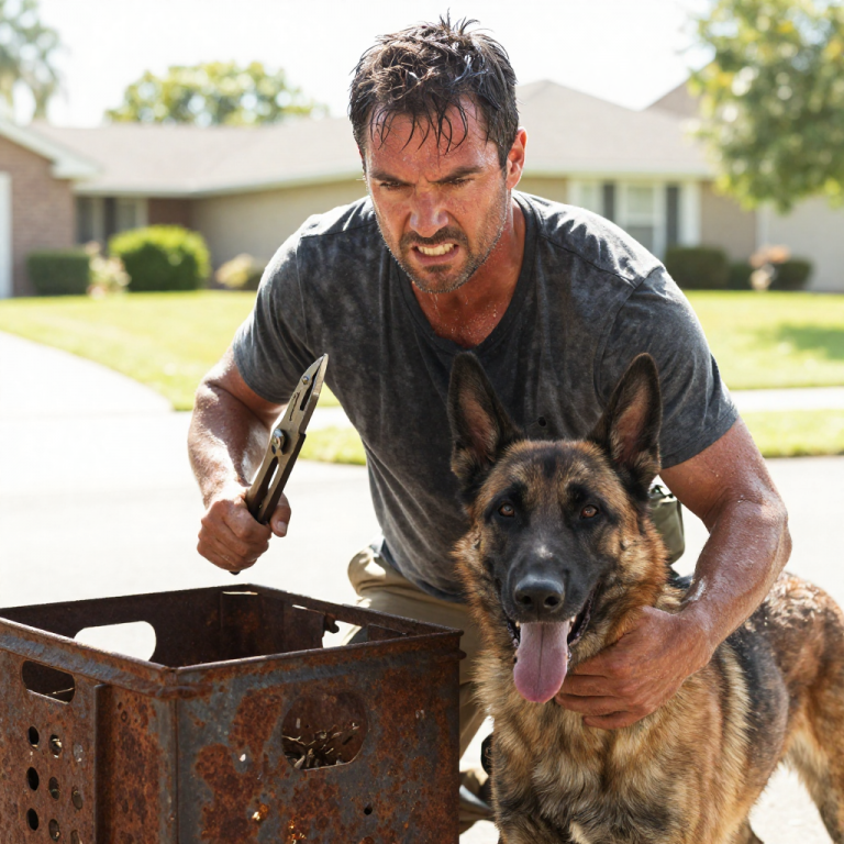 HE LAUGHED WHILE HIS DOG BAKED ALIVE IN A RUSTED BOX UNDER THE 100-DEGREE SUN, BUT HE DIDN’T SEE THE RETIRED K9 HANDLER WALKING UP THE DRIVEWAY WITH BOLT CUTTERS AND A PROMISE THAT THE POLICE WERE THE LEAST OF HIS WORRIES.