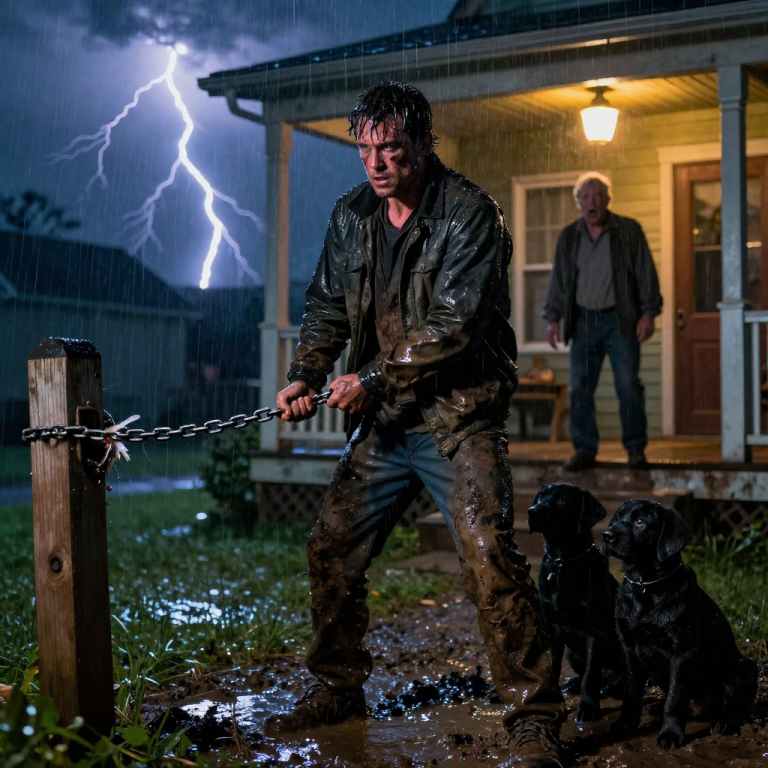 I STOOD ON HIS ROTTING PORCH WHILE LIGHTNING SPLIT THE SKY AND HE SCREAMED IN MY FACE TO LEAVE HIS PROPERTY, BUT I REFUSED TO MOVE WHILE TWO SHIVERING LABRADOR PUPPIES WERE TIED TO A POST WITH NO SHELTER FROM THE VIOLENT STORM. HE RAISED A FIST TO THREATEN ME, THINKING HIS ANGER WOULD MAKE ME BACK DOWN, BUT HE DIDN’T KNOW THAT I WAS ALREADY GRIPPING THE CHAINS IN MY HAND, READY TO RIP THEM FROM THE WOOD AND SHOW HIM THAT HIS CRUELTY WAS ABOUT TO END PERMANENTLY.