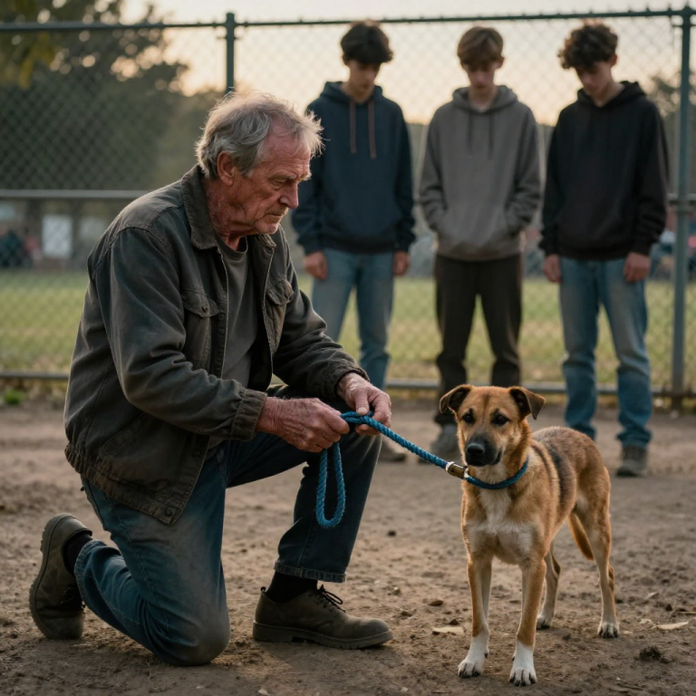 THEY THOUGHT TYING A STARVING DOG TO THE CHAIN-LINK FENCE AND TAUNTING IT WITH A BURGER WAS THE FUNNIEST THING IN THE WORLD, UNTIL I WALKED OVER—NOT AS THE NEIGHBORHOOD GRANDPA THEY IGNORED, BUT AS A RETIRED K-9 OFFICER WHO KNOWS EXACTLY WHAT HAPPENS WHEN YOU TEACH AN ANIMAL TO FEAR HUMANS, AND I WASN’T LEAVING UNTIL THEY LEARNED WHAT TRUE FEAR FELT LIKE THEMSELVES.