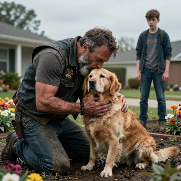 HE LAUGHED AS HE KICKED MY OLD DOG OFF THE PORCH INTO THE COLD MUD, THINKING I WAS TOO WEAK TO DO ANYTHING ABOUT IT, BUT HE DIDN’T HEAR THE RUMBLE OF THIRTY ENGINES BEHIND HIM. THE LEADER, A MAN COVERED IN SCARS AND LEATHER, DIDN’T YELL—HE JUST KNELT IN THE DIRT TO KISS MY DOG’S HEAD BEFORE STANDING UP TO SHOW THE BOY WHAT REAL STRENGTH LOOKS LIKE.