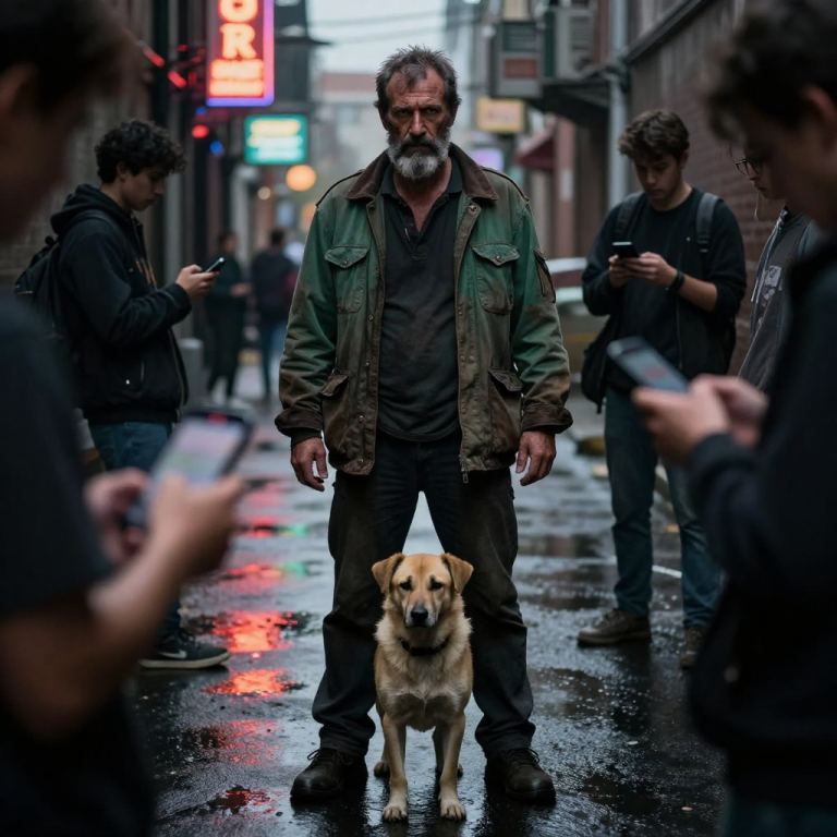 THEY LAUGHED WHILE THE STONES HIT HIS RIBS, PHONE SCREENS GLOWING AS IF HIS PAIN WAS JUST CONTENT FOR THEIR FEEDS, AND I STOOD THERE FROZEN BY MY OWN AGE AND FRAILTY, UNABLE TO STOP THEM. I THOUGHT MERCY WAS DEAD IN THIS ALLEY UNTIL THE SHADOW MOVED, AND A MAN WHO WALKED WITH THE HEAVY SILENCE OF A RETIRED OFFICER STEPPED INTO THE LIGHT, TURNING THEIR CRUELTY INTO SUDDEN, SHIVERING SILENCE.