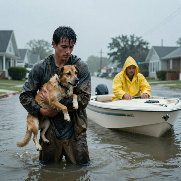 I RISKED MY LIFE TO CUT THE CHAIN FROM A DROWNING DOG’S NECK AS THE FLOODWATERS ROSE ABOVE THE FENCE LINE, BUT THE REAL HORROR WASN’T THE STORM—IT WAS THE MAN IN THE DRY BOAT WHO ARRIVED MINUTES LATER, NOT TO THANK ME, BUT TO ACCUSE ME OF THEFT FOR SAVING WHAT HE CALLED ‘PROPERTY’ AND I CALLED A SOUL.